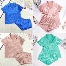 Women Sleepwear Summer Pajama Set Pink Turn Down Collar Faux Silk Satin Blue Short Sleeve Casual Female Pijama Home Wear Shorts