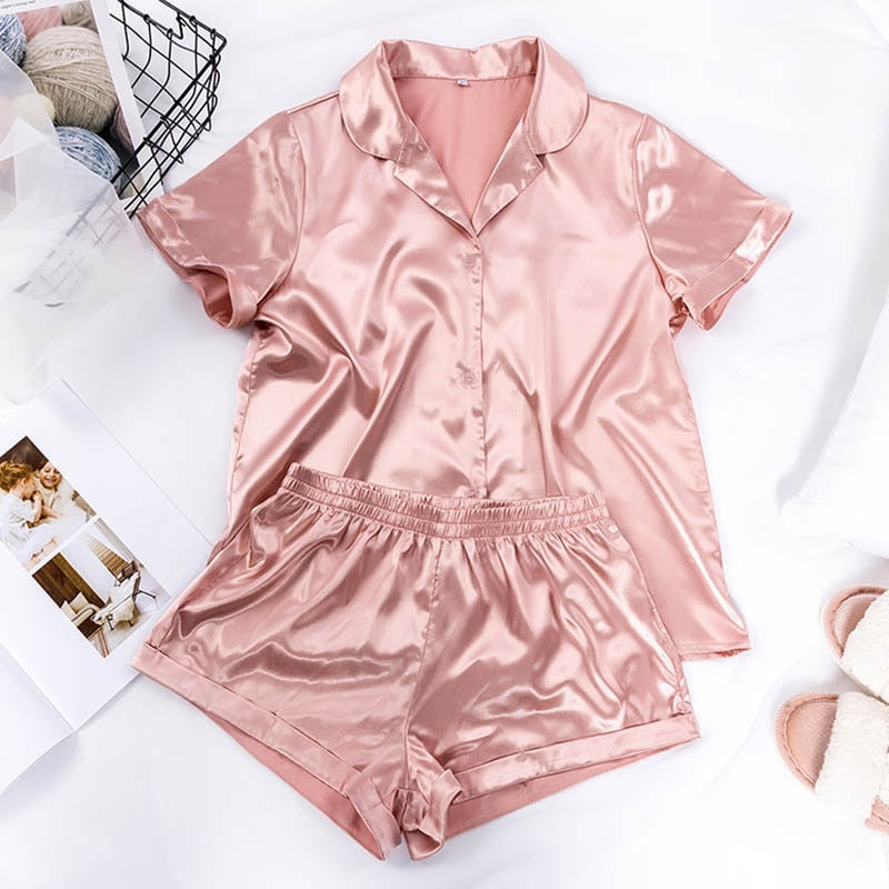 Women Sleepwear Summer Pajama Set Pink Turn Down Collar Faux Silk Satin Blue Short Sleeve Casual Female Pijama Home Wear Shorts