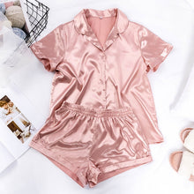 Women Sleepwear Summer Pajama Set Pink Turn Down Collar Faux Silk Satin Blue Short Sleeve Casual Female Pijama Home Wear Shorts