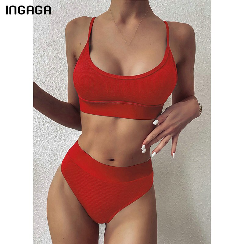 INGAGA High Waist Bikinis 2021 Swimwear Women Push Up Swimsuits Solid Brazilian Bikini Ribbed Biquini Strap Swim Bathing Suits