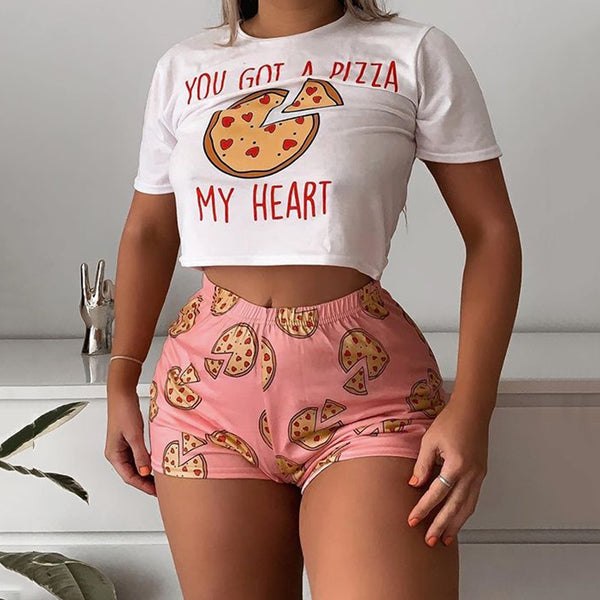 OMSJ 2020 Women Two Piece Set Summer Short Sleeve Crop Top and Shorts Pizza Pattern Print Matching Suit Lady Lounge Wear Outfits