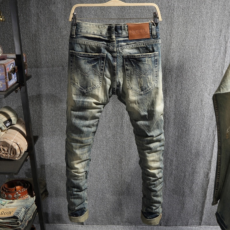 Italian Style Fashion Men Jeans Retro Washed Slim Fit Destroyed Ripped Jeans Men Denim Pants Streetwear Hip Hop Jeans Homme