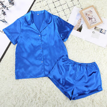 Women Sleepwear Summer Pajama Set Pink Turn Down Collar Faux Silk Satin Blue Short Sleeve Casual Female Pijama Home Wear Shorts