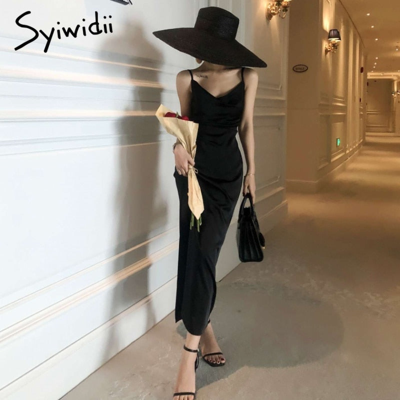 Syiwidii Satin Dress Woman Sleeveless Spaghetti Strap Evening Red Black Summer 2021 Party Wedding Vintage Pure Long Silk Dresses