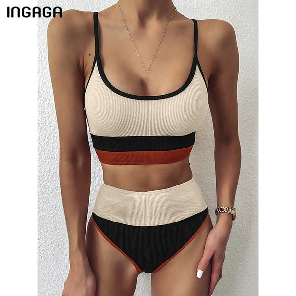 INGAGA High Waist Bikinis Swimwear Women Push Up Swimsuits Ribbed Splicing Bikini Set Bathing Suit Women 2021 Biquini Swim Suit