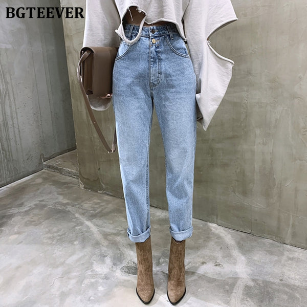 BGTEEVER Vintage High Waist Straight Jeans Pant for Women Streetwear Loose Female Denim Jeans Buttons Zipper Ladies Jeans 2021