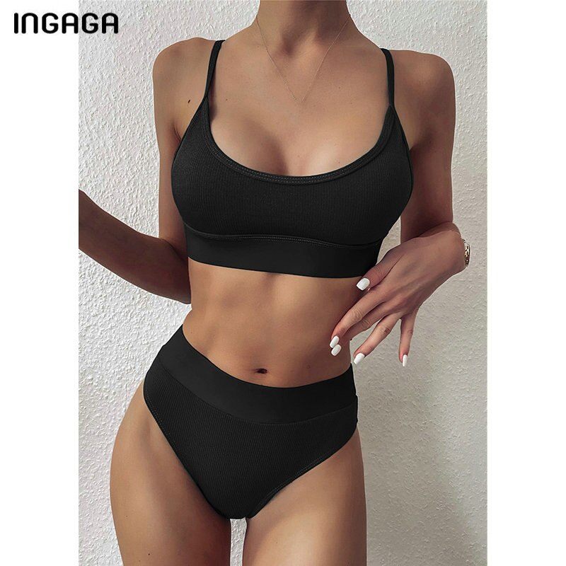 INGAGA High Waist Bikinis 2021 Swimwear Women Push Up Swimsuits Solid Brazilian Bikini Ribbed Biquini Strap Swim Bathing Suits