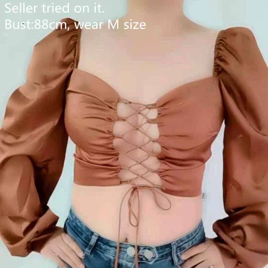 YuQung Vintage Women Lace Up Shiny Silk Satin Short Blouses Shirt Puff Long Sleeve Square Neck Crop Tops Brown Streetwear