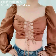 YuQung Vintage Women Lace Up Shiny Silk Satin Short Blouses Shirt Puff Long Sleeve Square Neck Crop Tops Brown Streetwear