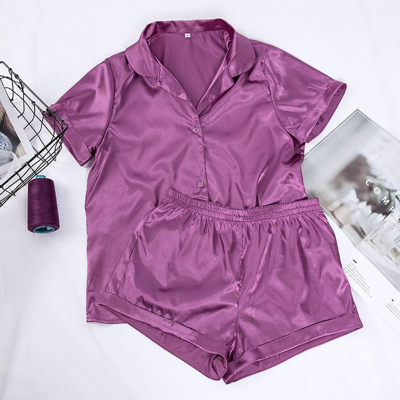 Women Sleepwear Summer Pajama Set Pink Turn Down Collar Faux Silk Satin Blue Short Sleeve Casual Female Pijama Home Wear Shorts