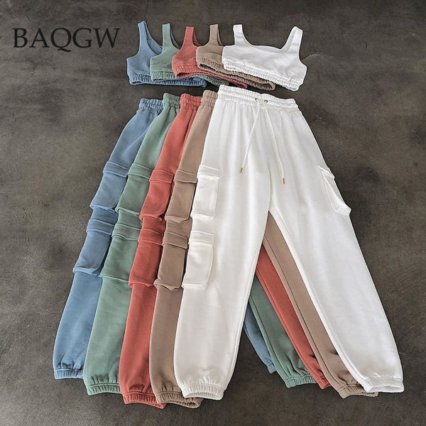 Solid Sports Wear 2 Piece Women Set Summer Casual Crop Top and Pants Set Tracksuit Female Two Piece Set 2020 Autum Clothes Suits