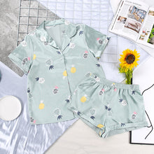 Women Sleepwear Summer Pajama Set Pink Turn Down Collar Faux Silk Satin Blue Short Sleeve Casual Female Pijama Home Wear Shorts