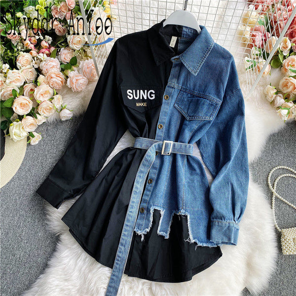 Women's Blouse 2020 Autumn Long Sleeve Shirt Tops Jeans Patchwork Plaid Blouses Elegantes Blusas para mujer Slim Shirt Dress