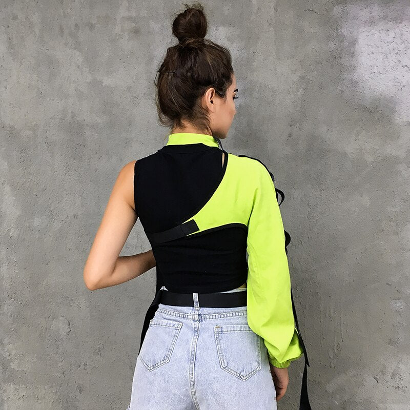 HEYounGIRL Neon Green One Shoulder Off Halter Top Harajuku Black Reflective Tshirt Women Hip Hop Street Wear Tee Shirt Femme