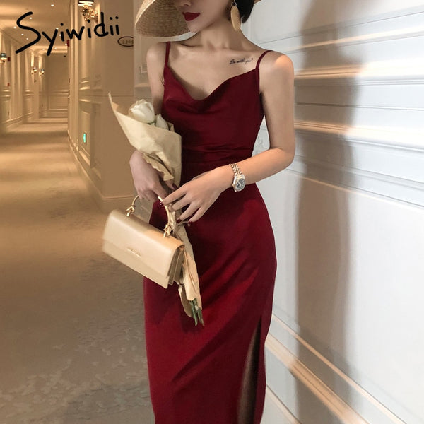 Syiwidii Satin Dress Woman Sleeveless Spaghetti Strap Evening Red Black Summer 2021 Party Wedding Vintage Pure Long Silk Dresses