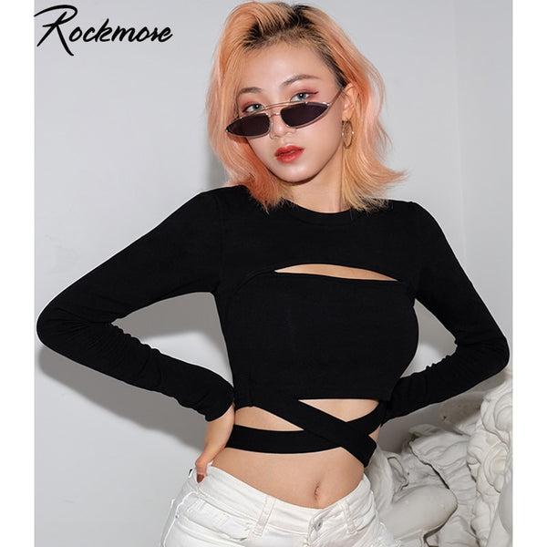 Rockmore Gothic Bodycon Criss Cross Bandage T-shirt Women Long Sleeve Hollow Out T Shirts Femme Streetwear Crop Tops Tees Autumn