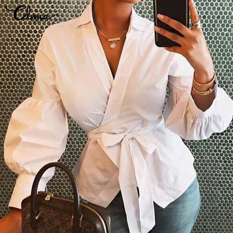 Women Tops and Blouses Celmia Autumn Lantern Sleeve Tunic Shirts Casual Loose V-Neck Ladies Blusas femininas Belted Plus Size