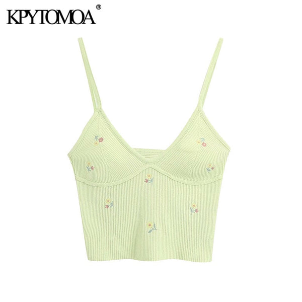 KPYTOMOA Women 2020 Sweet Fashion Floral Embroidery Cropped Knitted Blouses Vintage Backless Thin Straps Female Shirts Chic Tops