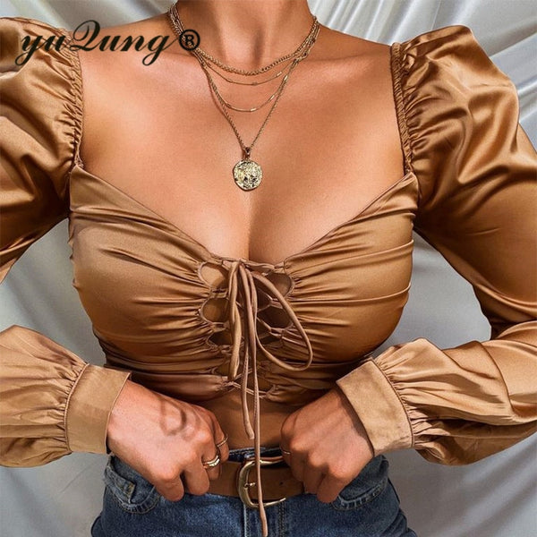 YuQung Vintage Women Lace Up Shiny Silk Satin Short Blouses Shirt Puff Long Sleeve Square Neck Crop Tops Brown Streetwear