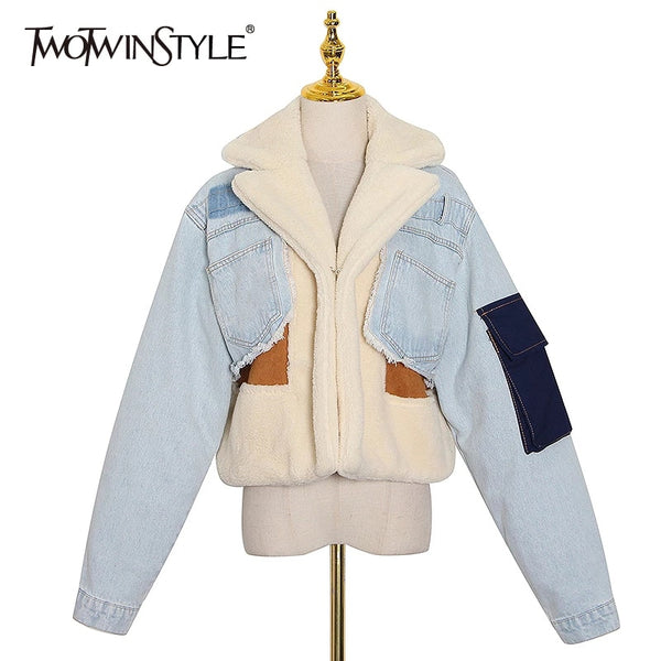 TWOTWINSTYLE Patchowrk Lambswool Denim Jacket For Women Lapel Long Sleeve Tassel Casual Coat Female 2020 Winter Fashion New Tide