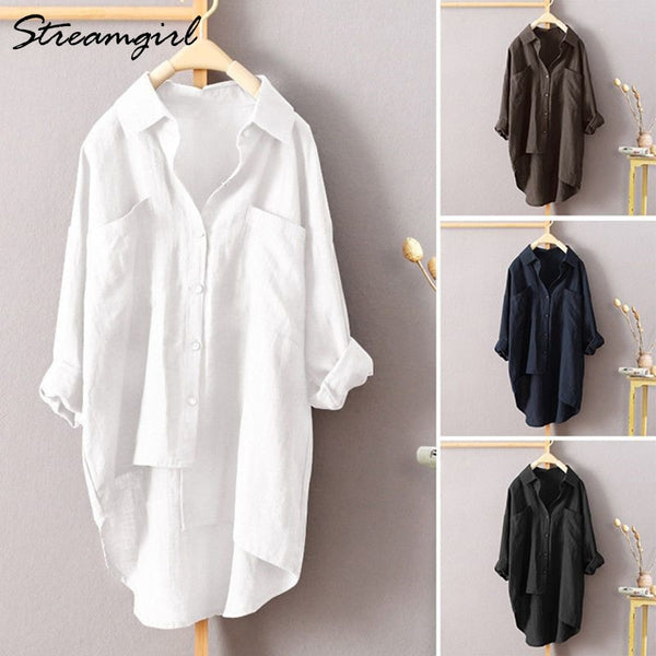 White Linen Shirt Women Long Sleeve Summer Work Wear White Shirt Linen Blouse Female Women's Blouse Women's Shirts With Pocket