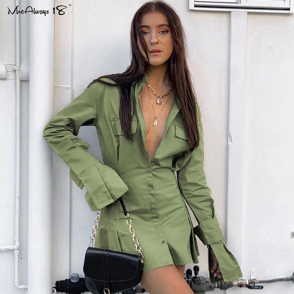 Mnealways18 Pleated Shirt Dress White Women Flare Sleeve Elegant Office Dress Summer Green Tunic Casual Dress Mini Spring 2020