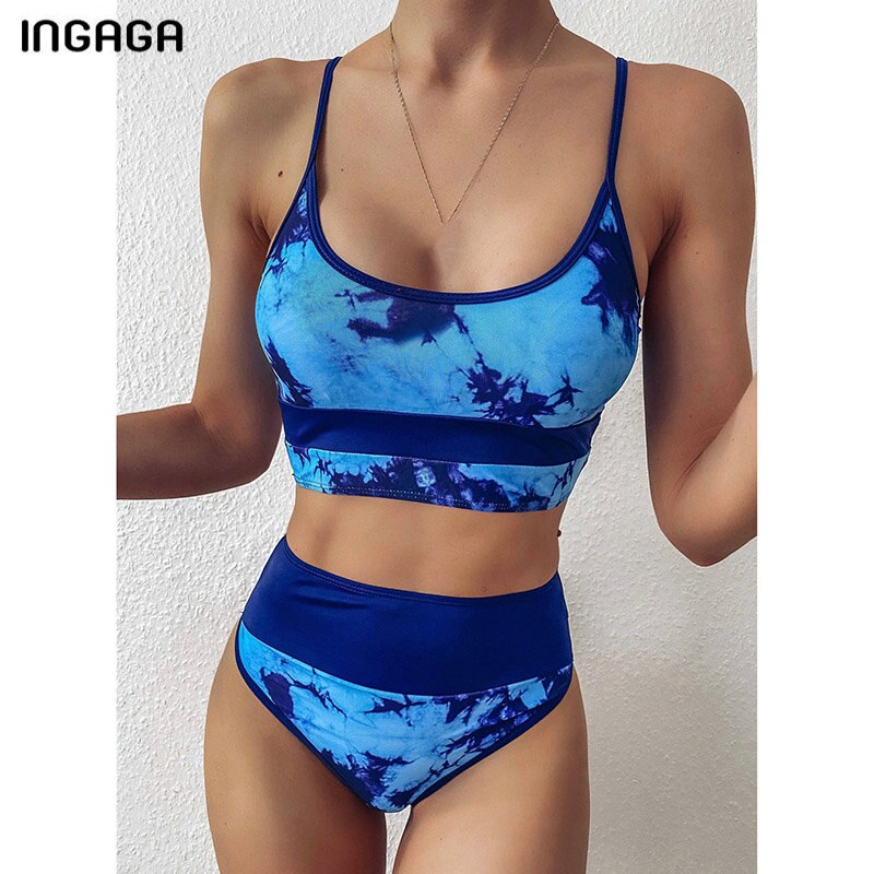 INGAGA High Waist Bikinis 2021 Swimwear Women Push Up Swimsuits Solid Brazilian Bikini Ribbed Biquini Strap Swim Bathing Suits