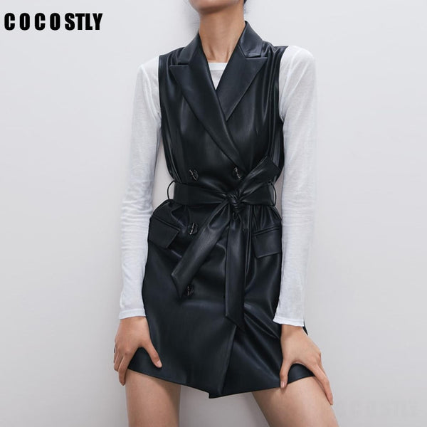 Women 2020 Vintage Fashion PU Faux Leather Waistcoat Double Breasted With Belt Pockets Female Outerwear Chic Tops