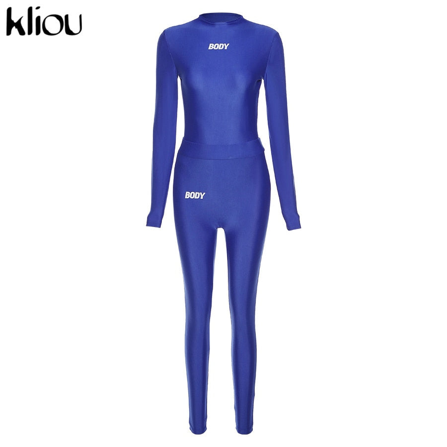 Kliou letter print fitness sporty long sleeve bodysuits+leggings stretchy two piece outfits activewear streetwear skinny outfit