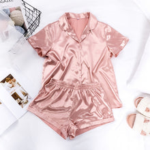 Women Sleepwear Summer Pajama Set Pink Turn Down Collar Faux Silk Satin Blue Short Sleeve Casual Female Pijama Home Wear Shorts