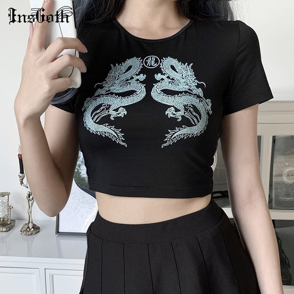 InsGoth Harajuku Sexy Black T-shirts Women Streetwear Gothic Dragon Print Bodycon Tops Casual Female Summer T-shirt