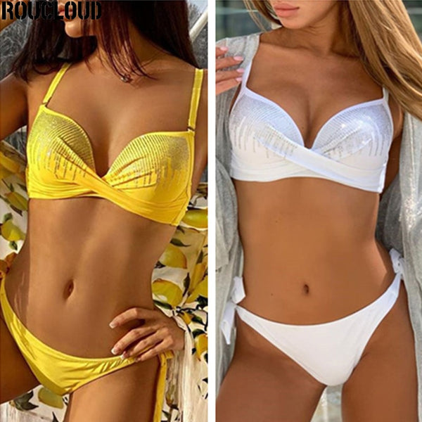 Bikinis 2020 Swimwear Women Swimsuit Push Up Bikini Set Solid Color Shiny Swimming Suit Two-pieces Bathing Suit