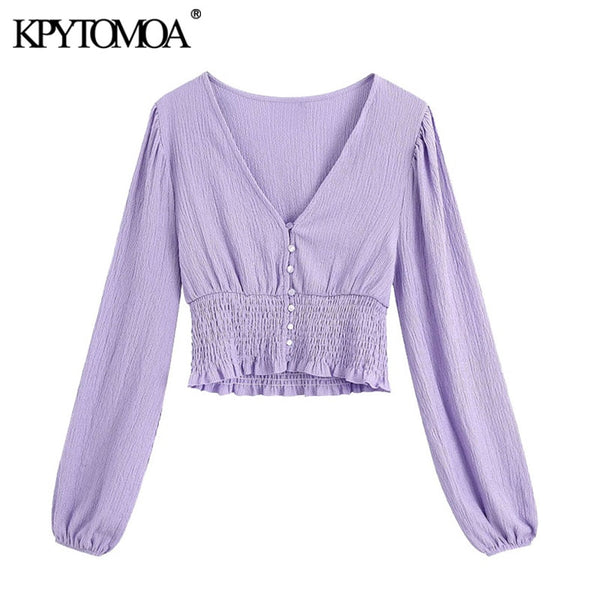 KPYTOMOA Women 2020 Fashion Button-up Cropped Blouses Vintage V Neck Long Sleeve Elastic Hem Female Shirts Blusas Chic Tops