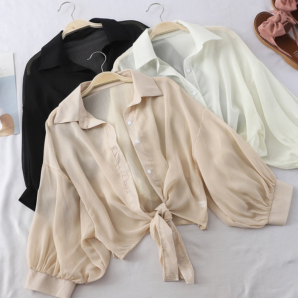 Chiffon Shirts Women 2020 Summer Half Sleeve Buttoned Up Shirt Loose Casual Blouse Tied Waist Elegant Blouses For Women