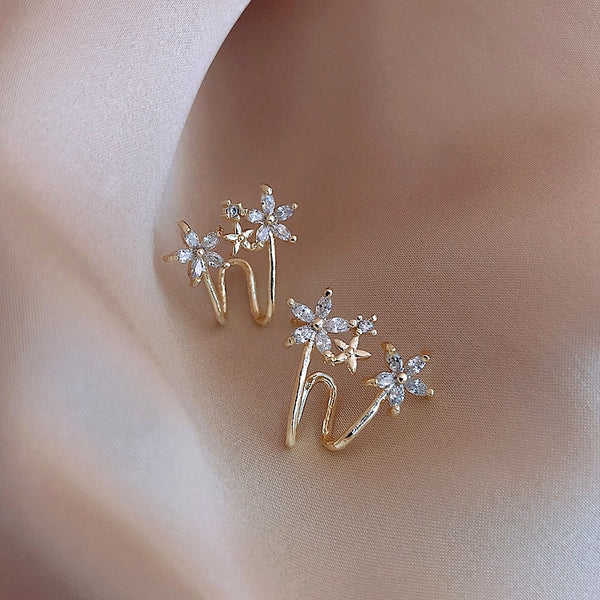 New Korean Classic Sweet Crystal Flowers Clip Earrings For Women Fashion Shiny Zircon Party Boucle D'oreille Girls Jewelry