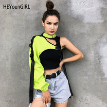 HEYounGIRL Neon Green One Shoulder Off Halter Top Harajuku Black Reflective Tshirt Women Hip Hop Street Wear Tee Shirt Femme