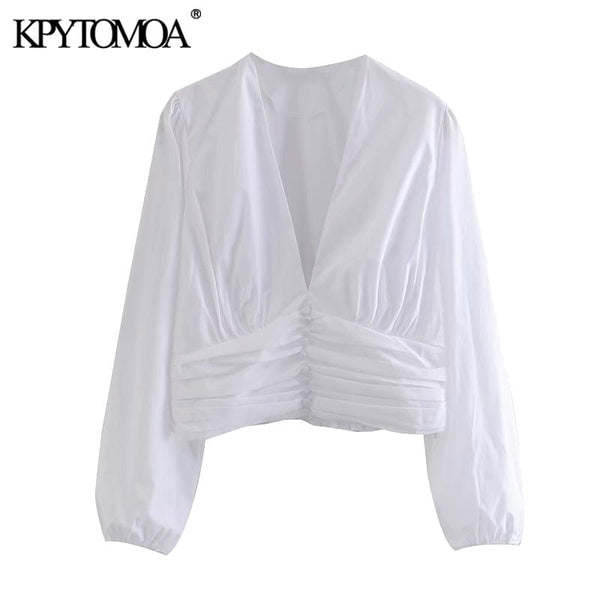 KPYTOMOA Women 2020 Fashion Decorative Buttons Pleated Cropped Blouses Vintage Long Sleeve Side Zipper Female Shirts Chic Tops