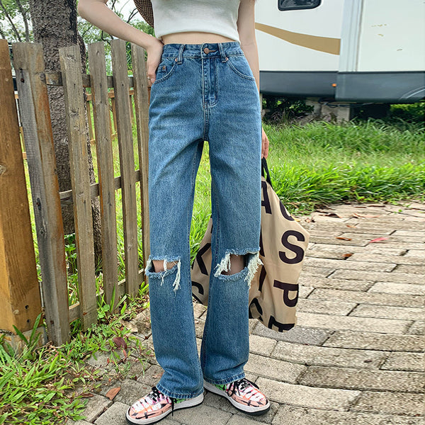 Broken jeans female 2021 new wave autumn and winter small small high waist thin straight loose vertical wide leg pants - Alibaba