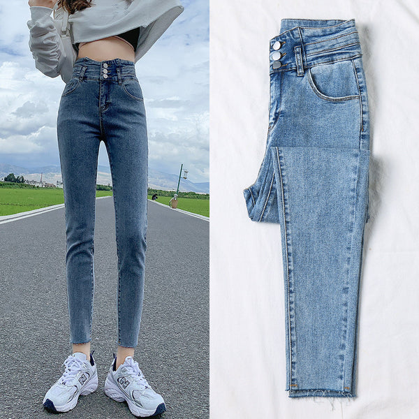 High waist jeans female 2021 new early autumn Korean version of the high waist slime stretch nine points big bag Pants - Alibaba