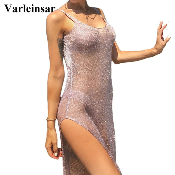 Sexy Sheer Net Mesh Knitted Glitter Tunic Beach Cover Up Cover-ups Long Beach Dress Beach Wear Beachwear Female Women Robe V651