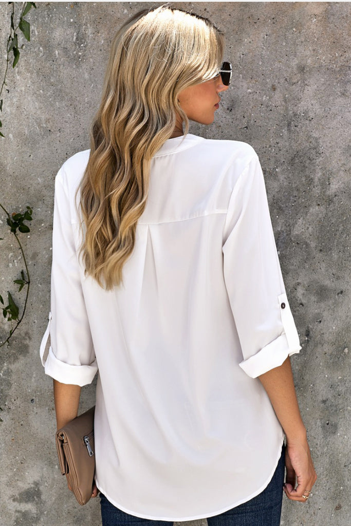 Split Collar Roll Up Sleeve Blouse