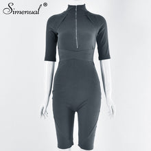 Simenual Ribbed Casual Zipper V Neck Rompers Women Jumpsuit Workout Sporty Short Sleeve Skinny Biker Shorts Playsuits Fashion