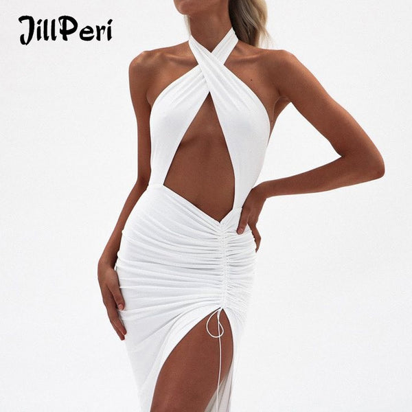 JillPeri Women Sexy Front Cross Halter Backless Maxi Dress Irregular Hollow Out Waist Strappy Ruched Leg Open Gown Party Dress