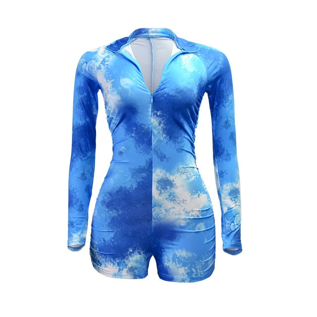 Simenual Tie Dye Ruched Casual Biker Shorts Rompers Women Long Sleeve Workout Active Wear Skinny Playsuit Fashion Bodycon 2020