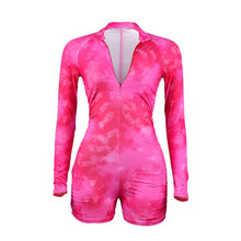 Simenual Tie Dye Ruched Casual Biker Shorts Rompers Women Long Sleeve Workout Active Wear Skinny Playsuit Fashion Bodycon 2020