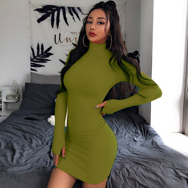 InstaHot Turtleneck Long Sleeve Skinny Mini Dress Women Autumn Sexy Sporting Style Dresses 4 Color Bodycon Slim Yellow Clubwear