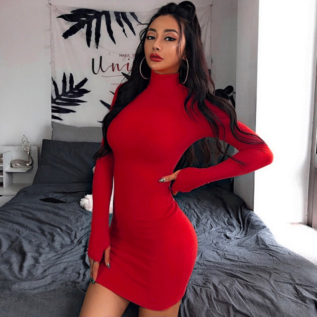 InstaHot Turtleneck Long Sleeve Skinny Mini Dress Women Autumn Sexy Sporting Style Dresses 4 Color Bodycon Slim Yellow Clubwear