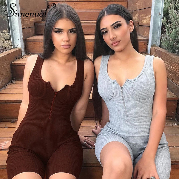 Simenual Ribeed Zipper Casual Sporty Active Wear Romper Women Sleeveless Fashion Workout Biker Shorts Playsuits 2020 Active Wear