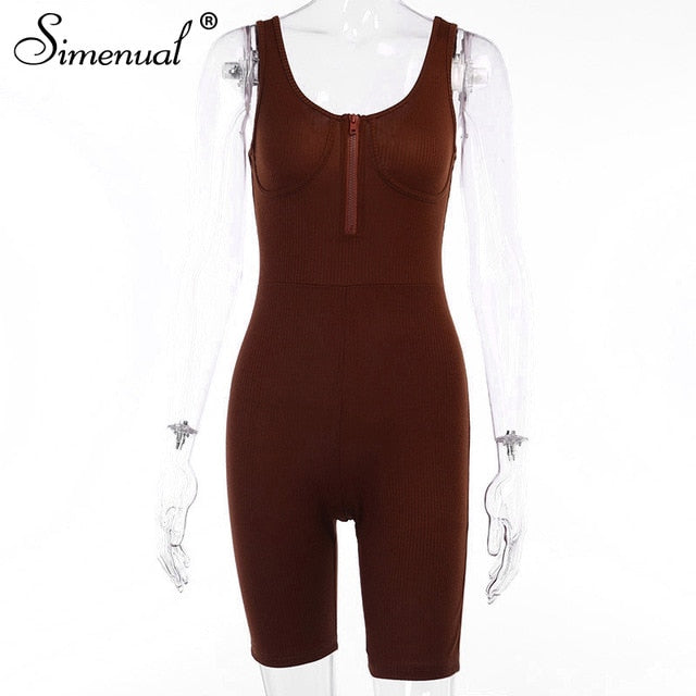 Simenual Ribeed Zipper Casual Sporty Active Wear Romper Women Sleeveless Fashion Workout Biker Shorts Playsuits 2020 Active Wear