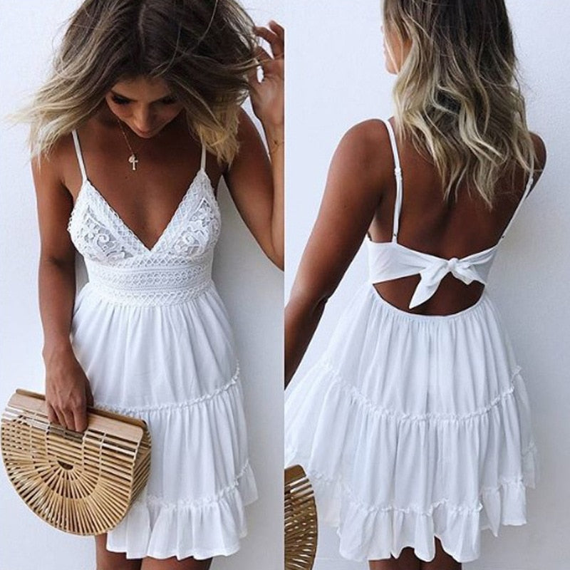 Summer Women White Lace Halter Dress Sexy Backless Beach Dresses  Fashion Sleeveless Spaghetti Strap Casual Mini Sundress